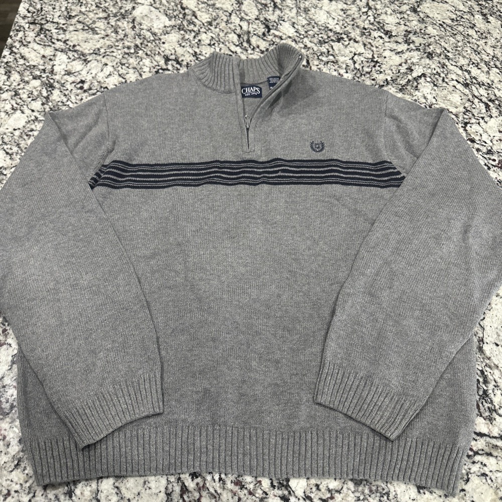 Chaps Ralph Lauren Sweater Mens XL Extra Large Gray 1/4 Zip 100% Cotton Logo